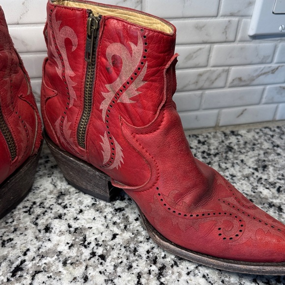 Women's Red Leather Western Ankle Booties - Stylish Embossed Design - Picture 5 of 16